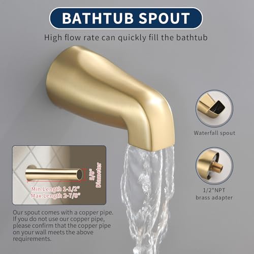 Image of 3 Handle Shower Faucet Set with Tub Spout Bathtub Shower Faucet Combo Set Shower System Complete Tub and Shower Trim Kit Shower Fixture Brushed Gold