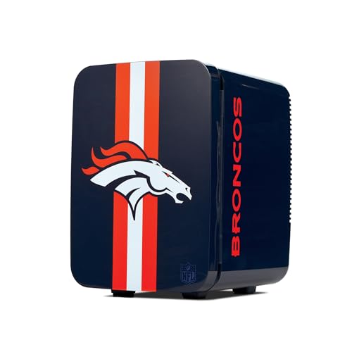 Image of Ukonic NFL Denver Broncos 15-Can Mini Fridge 10L - AC /DC Powered, Official Team Colors & Logo, Portable Cooler for Tailgates, Home, Office, or Car