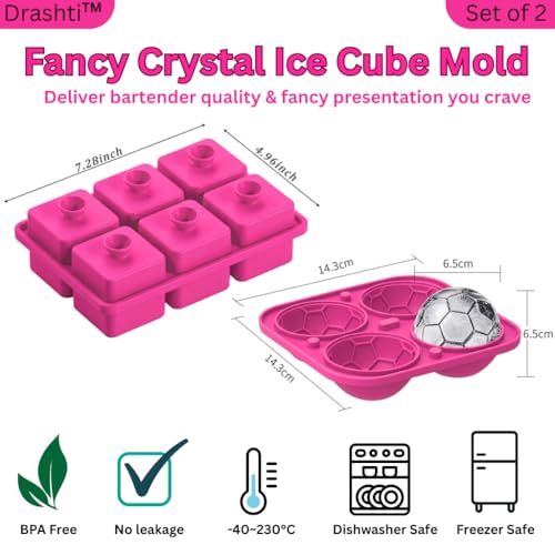 Image of Premium Combo of Large 3D Crystal Square Ice Cube Tray & Football Shaped Silicone Molds for Chilling Drinks, Chocolates, Juice, Jelly and Many More. Pack of 2 (Magenta)