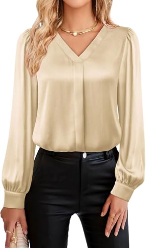 YUTILA Blusa para mujer con cuello en V – Elegante de manga larga, color liso con brillo – Ropa suelta para trabajo, ocio, eventos formales y negocios, beige, S