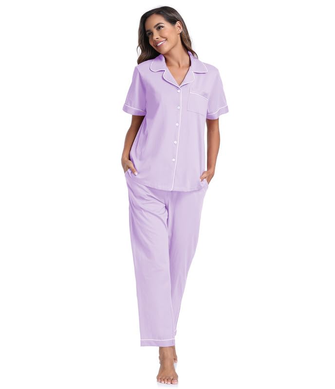 Image of CF Womens 100% Cotton Pajamas Set Button Down Pjs Sets Short Sleeve Top & Long Pants Sleepwear Comfy Loungewear with Pockets