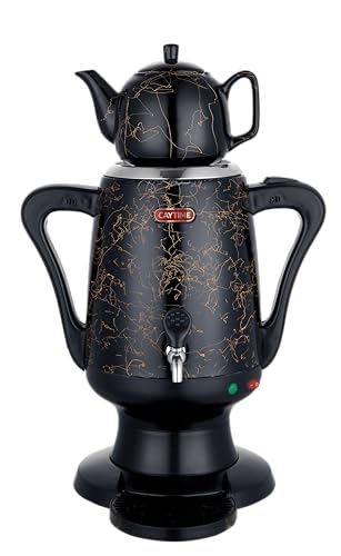 Caytime Samowar 3,5 L Semaver Edelstahl – Teekocher mit schwarzer Keramikkanne/Elektrischer Samowar im modernen Design