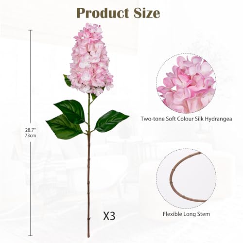 3PCS Fake Flowers Hydrangea Artificial Flowers 28" Long Stem Pink Faux Flowers for Vase, Real Touch Silk Flowers Décor for Floral Arrangement Home Farmhouse Office Hotel Decoration - Image 4