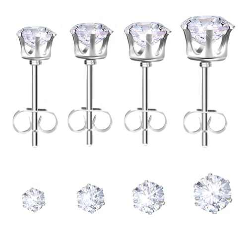 4 Pairs Cubic Zirconia Stud Earring Set Silver Earrings Sleeper Cartilage Earrings for Women Men 3A Cubic Zirconia Size 3/4/5/6mm