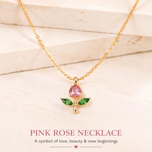 Image of Gold-Tone Rose Pendant Necklace for Women with Pink Crystal, Floral Charm Chain Stainless Steel Anti Tarnish Waterproof Hypoallergenic, Gift for Her