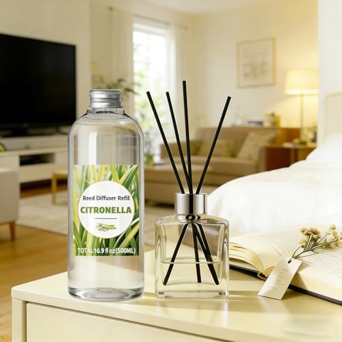Image of STRN Citronella Reed Diffuser Set, Lemongrass Diffuser Oil Refill, with 6 Sticks 500ML(16.9fl.oz), Room Fresheners for Home, Long-Lasting Scented Fragrance for Summer, Living Room, Bedroom, Office