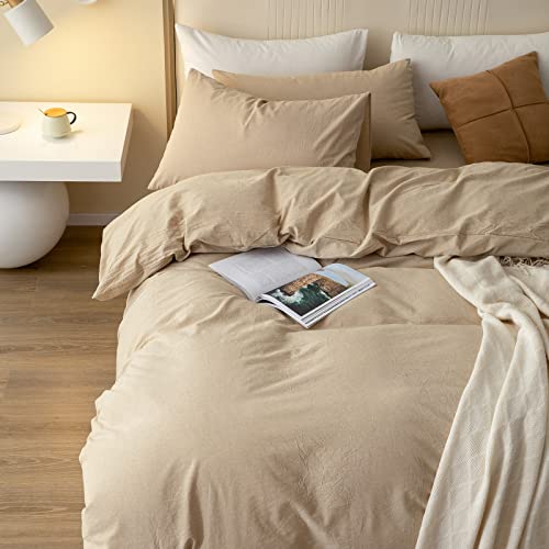 Jiyuan 100% Washed Cotton Duvet Cover Set Comfy Simple Style Solid Color Soft Breathable Textured Durable Linen Feel Bedding Sets For All Seasons King Size, Tan #TOP6