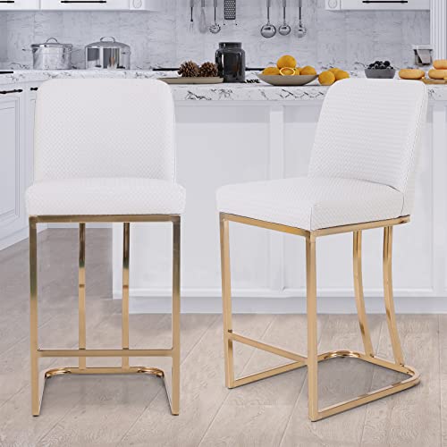 Alpha Home Counter Height Bar Stools, 24 Inches Bar Chairs With Upholstered Faux Leather, Bar Stools With Back, Barstools Set Of 2 With Gold Metal Frame, Islands Stools For Kitchen Counter And Bar #TOP22
