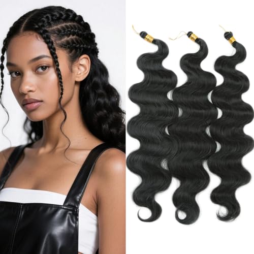 24 Inch Body Wave Braiding Hair 3 Pack Pre-Feathered Braiding Hair Black Boho Box Braids for Goddess Box Braids Hair Crochet Hair Synthetic Hair Extension (1B 24inch (3pcs))