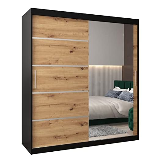 ABIKSMEBLE Verona 2 180 Armadio da Camera a Due Ante Scorrevoli - Armadio Moderno con Specchio, Barra e Ripiani - 180x200x62 cm (L x A x P) - Nero Opaco + Artisan