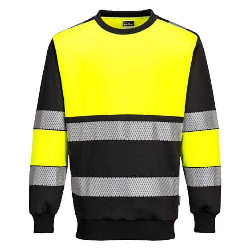 Portwest PW376 PW3 Hi Vis Class 1 Sweatshirt Comfortable Cotton Blend Fabric Reflective Tape Crew Neck Ribbed Cuffs UV Protection Certified Workwear, Yellow/Black, XXXL