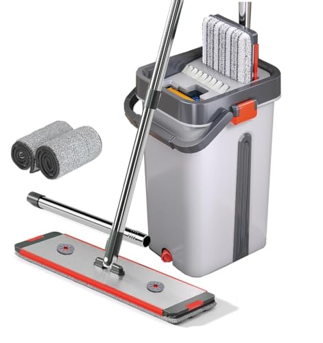 Image of Mop Bucket Heavy Quality Floor Mopp with Bucket, Aluminium pad,Flexible Kitchen tap Flat Squeeze Cleaning Supplies 360 Flexible Mopp Head /2 Reusable Pads Clean Home Floor Home Effective DC2