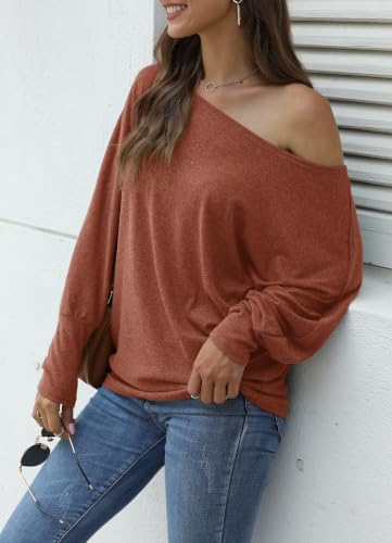 Image of Aifer Women's Off The Shoulder Tops Sexy Long Sleeve Shirts Oversized Fashion Casual Batwing Sweaters Pullover Tunic Tops