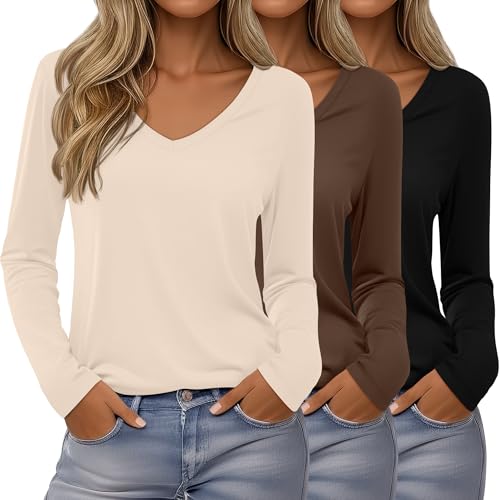Ficerd 3 Pack Women's Long Sleeve Shirts, V Neck Cotton Casual Tops Loose Fit Solid Soft T-Shirts Curved Hem Basic Tees 2025