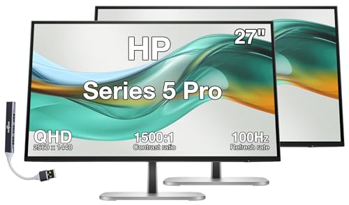 Image of HP Series 5 Pro 27 inch QHD IPS Monitor with 5ms Response Time, Anti Glare, Flicker Free, Tilt, Swivel, Pivot, VESA Mount (100mm), Displayport, HDMI & Dockztorm USB Port Expander, Black /Silver 2Pack