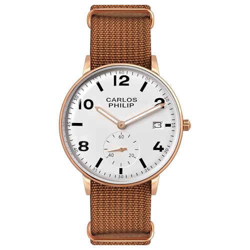 Image of Carlos Philip Men's Minimalist Analog Watch - Classic Dial with Date Display, Nylon Strap, Quartz Movement, Casual Everyday Style Watch for Men