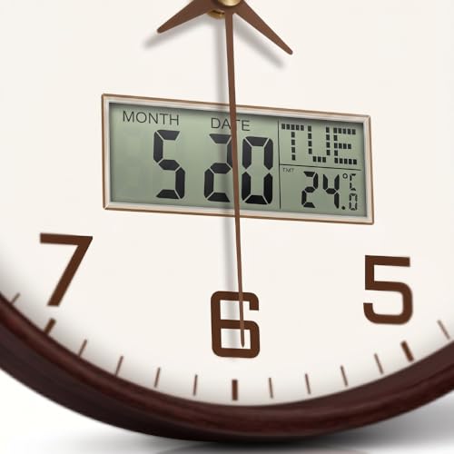 Image of ginoya brothers 12 Inch Silent Non-Ticking Silent Wall Clock, Modern Round Analog & Digital Display (Temp /Calendar) Decorative Clock, Easy to Read for Home, Living Room, Office (White-Brown Digital)