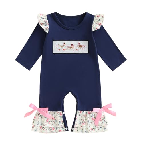 Newborn Baby Girl Farm Outfit Chicken Embroidery Floral Ruffle Trim Flare Jumpsuit Long Sleeve Romper Fall Clothes