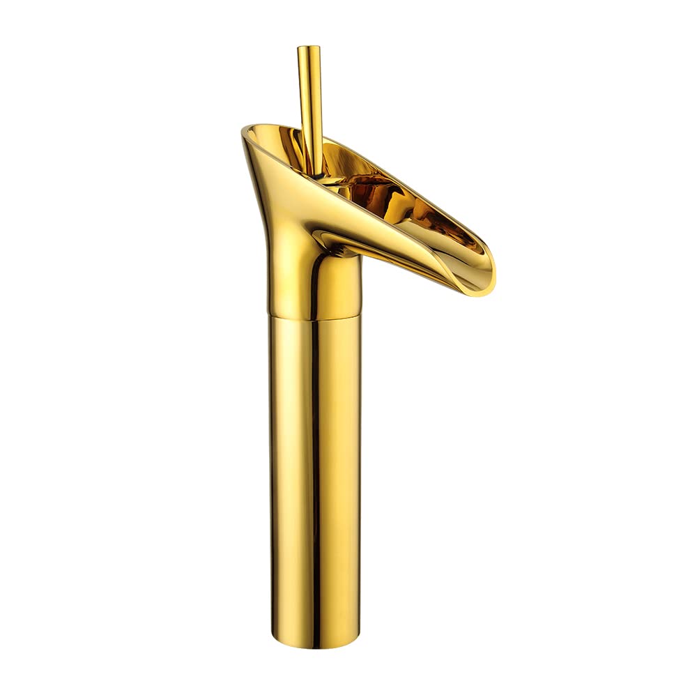 Mitigeur de lavabo, robinet haut pour salle de bain doré, robinet cascade avec outils et accessoires d'installation, mitigeur monocommande pour salle de bain et cuisine