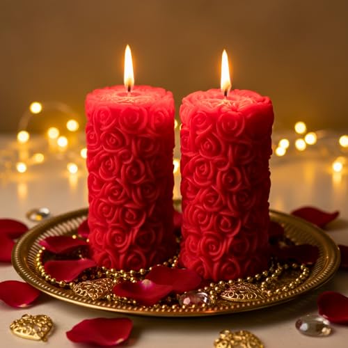 Image of Scented Candles For Home Decor, Rose Fragrance, Pillar Shape, Red Color, Set Of 2, 5.5 X 10.5 Cm - Wax