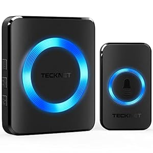 tecknet sonnette sans fil exterieur etanche, ip65 Étanche 400 mètres sonnette electronique, 55 mélodies 5 niveaux led bleu, pour maison, hôtel, urgence