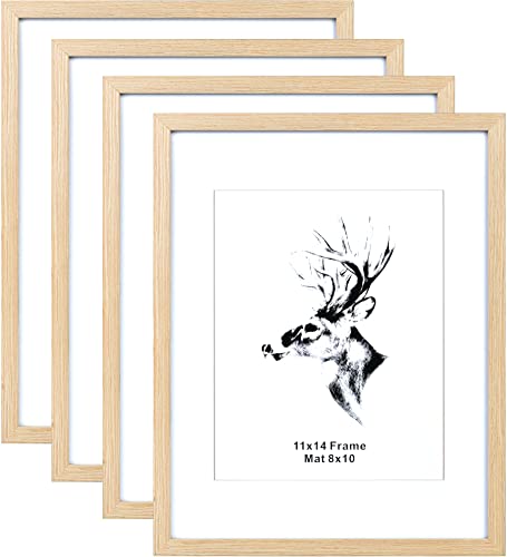 Image of Yaetm 11x14 Wood Picture Frame with Mat for 8x10 Set of 4, Natural Solid Oak Wood 11x14 Frame with Tempered Glass for Horizontal and Vertical Wall Mounting (4 pack, Oak)