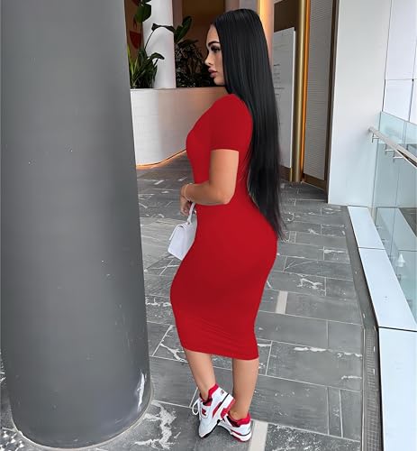 Image of Nimsruc Womens Summer Casual Sexy Short Sleeve Bodycon Dress Basic Pencil Midi Club Dresses