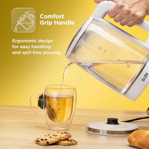 Image of Glen Electric Glass Tea Kettle 1.8 Litre, 1500W Fast Boiling Electric Kettle with 360 Rotational Base, Auto Shut-Off, Boil Dry Protection, Blue LED Light, Cordless Design, White (SA-9001)