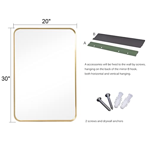 Otlsh Wall Mirror For Bathroom, 20X30 Inch Gold Bathroom Mirror, Rectangular Wall Mounted Decorative Mirror, Rounded Corner, Aluminum Alloy Frame,Home Decor, Hangs Horizontal Or Vertical #TOP1