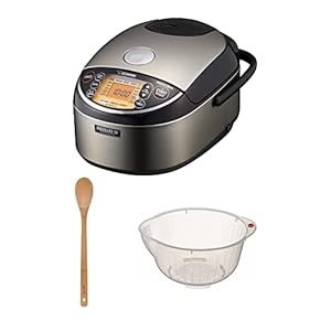 Zojirushi NP-NWC10XB 5.5-Cup Pressure Induction Heating Rice Cooker and Warmer (Stainless Black) Bundle with Kitchen Bamboo Spoon (15-Inch) and 9.5-inch Rice Washing Bowl with Drainers (3 Items)