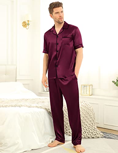 Image of SWOMOG Mens Satin Pajama Set Short Sleeve Classic Sleepwear Button Down Silky Loungewear with Long Pants Deep Wine Red Medium