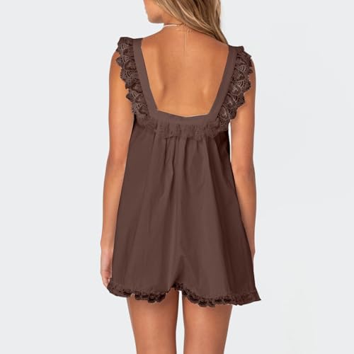 Image of Women Y2K Babydoll Mini Dress Cute Bow Lace Trim Pleated Ruffle Short Sundress Casual Party Vacation One Pieces