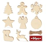 ilauke 64pcs Wooden Ornaments Wood Crafts Christmas Hanging Ornament Unfinished Wooden Cutouts Painting Woodburning Decoration