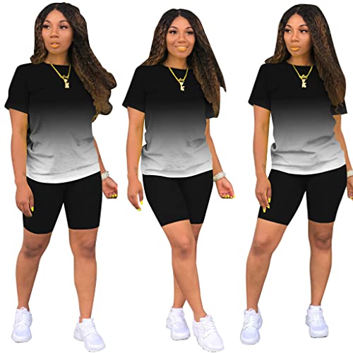 Topsrani Womens Two Piece Outfits Bodycon Tracksuit Sweatsuits Print Jogger Biker Workout Lounge Pajamas Shorts Pant Set Gradient Black White Xl #TOP3