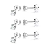 Sterling Silver Stud Earrings for Women Girls Men- 3 Pairs 4mm Hypoallergenic Cubic Zirconia CZ Stud