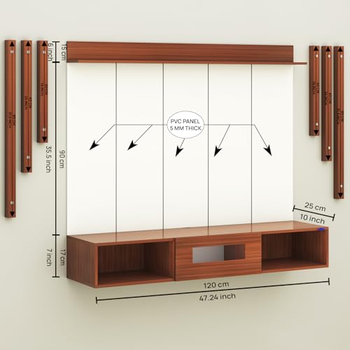 Image of Anikaa NovusPro Engineered Wood Wall Mount TV Unit with PVC Back Panel, Acrylic Blue LED Storage Box, Side Wooden Accent Spot Light Panels I Deal for Up to 50 Inch TV (Walnut - DIY Installation)