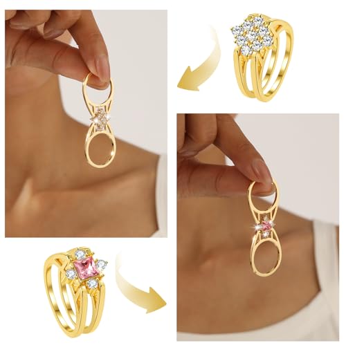 18k Gold and Silver Stackable CZ Statement Plated Rings Set for Women non Tarnish Interchangeable Spinner Stacking Travel Diamond Dainty Knuckle Rings Waterproof Jewelry Size 7-102