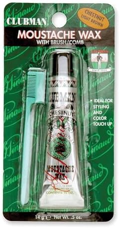 Clubman Mustache Wax for Men – Chestnut Light Brown, Strong Hold Moustache Wax with Styling Brush, Hang Pack, 0.5 oz