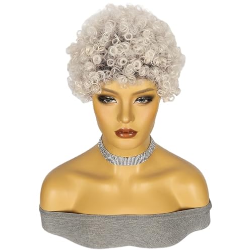 Perruque de cheveux courts bouclés blanc argenté dotée d'un couvre-tête respirant