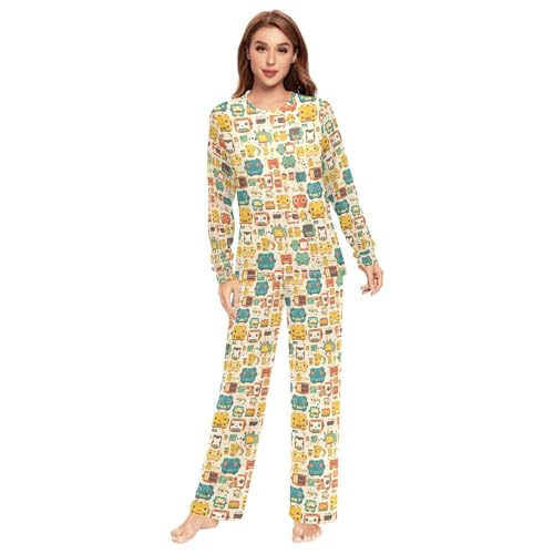 Wudan Conjunto de pijama de 2 piezas para mujer, diseño de bloques de construcción de dibujos animados, robots, ropa de dormir ligera para hombre, Bloques de construcción de dibujos animados Robots