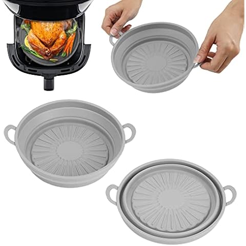 Foldable Air Fryer Silicone Pot, 2Pcs Round Silicone Air Fryer Liners, Collapsible Silicone Air Fryer Basket, Reusable Air Fryer Accessories for Microwave Oven (8.5 Inch, Gray) Cover