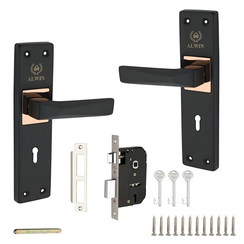 Image of ALWIN Diamond Plus KY, 8 Inch Iron Mortise Lockset, 6 Lever Double Turn Lock, 3 Keys, Ideal for Main Door, Bedroom, Living Room, Bathroom and office in Both for Right and Left Hand Doors (Plus, Black)