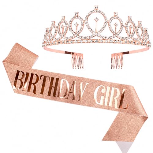 Image of Curated Cart Birthday Crown and Sash for Women Birthday Girl Sash & Rhinestone Tiara Set - Birthday Decorations Birthday Girl Crowns Tiaras for Women