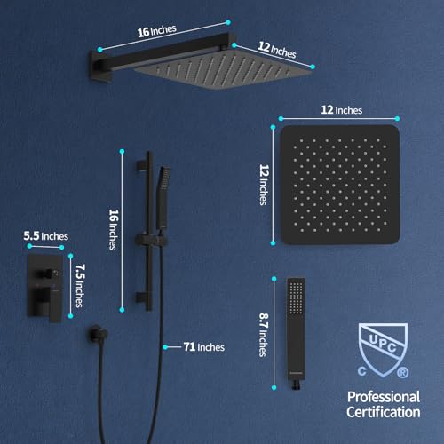 Image of SR SUN RISE 12 Inch Square Shower System with Slide Bar,Matte Black