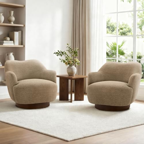 Image of KISLOT, Swivel Accent Chair, Arm Chair with Wooden Base, Sand, Set of 2 | Upholstered Barrel Chair with Curves Camel Back Design, Living Room Bedroom Reading