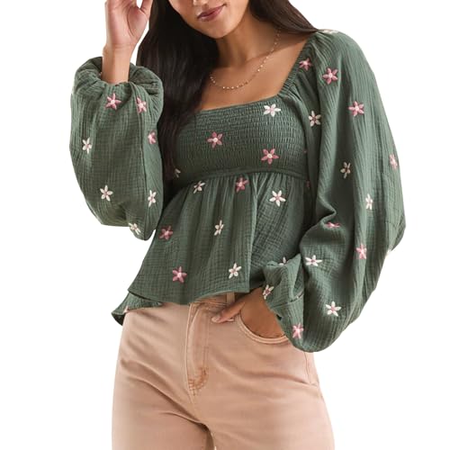 Geagodelia Musselin Bluse Damen Langarm Sommer Elegant Peplum Oberteil mit Blumenstickerei Puffärmel Quadratischer Ausschnitt Gesmokt Babydoll Top (Dunkelgrün, S)