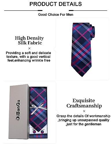 Image of DiBanGu Plaid Ties for Men Silk Checkered Necktie and Pocket Square Cufflinks Tie Clip Set with Gift Box for Wedding Business