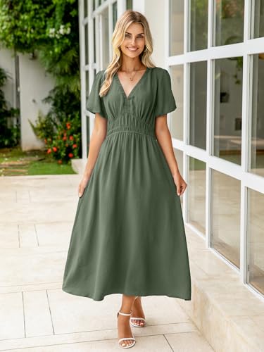 Image of Simplee Women's Summer Flowy Midi Dress Casual V Neck Short Sleeve Empire Waist Boho Beach Dress Wedding Guest Maxi Dress