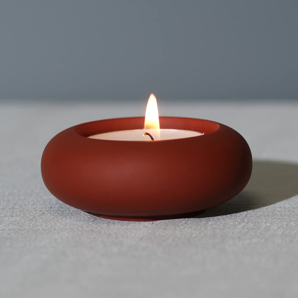 Handmade Decorative Pebble Tealight Candle Holder - Handcrafted Home Decor Accent for Calming Earthy Aesthetic Brick Red Resin Cement