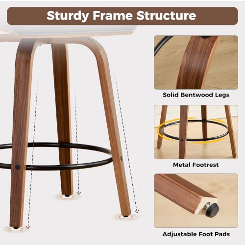 Image of Swivel Bar Stools Set of 1,26 inch Faux Leather Counter Height Barstools with Back,Mid Century Modern Upholstered Bar Chairs with Bentwood Legs Island Stools for Kitchen Counter Darkgrey